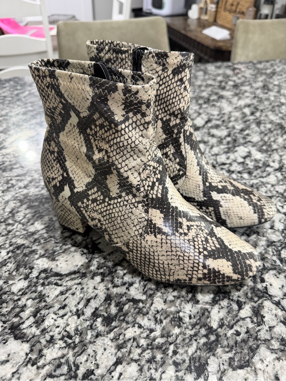 Time and Tru Snake-Print Ankle Boots in Cream and Black